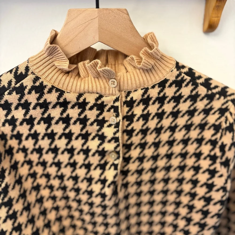Janie and Jack Houndstooth Crop Sweater Girls 16 | Brown Black | Ruffle Collar